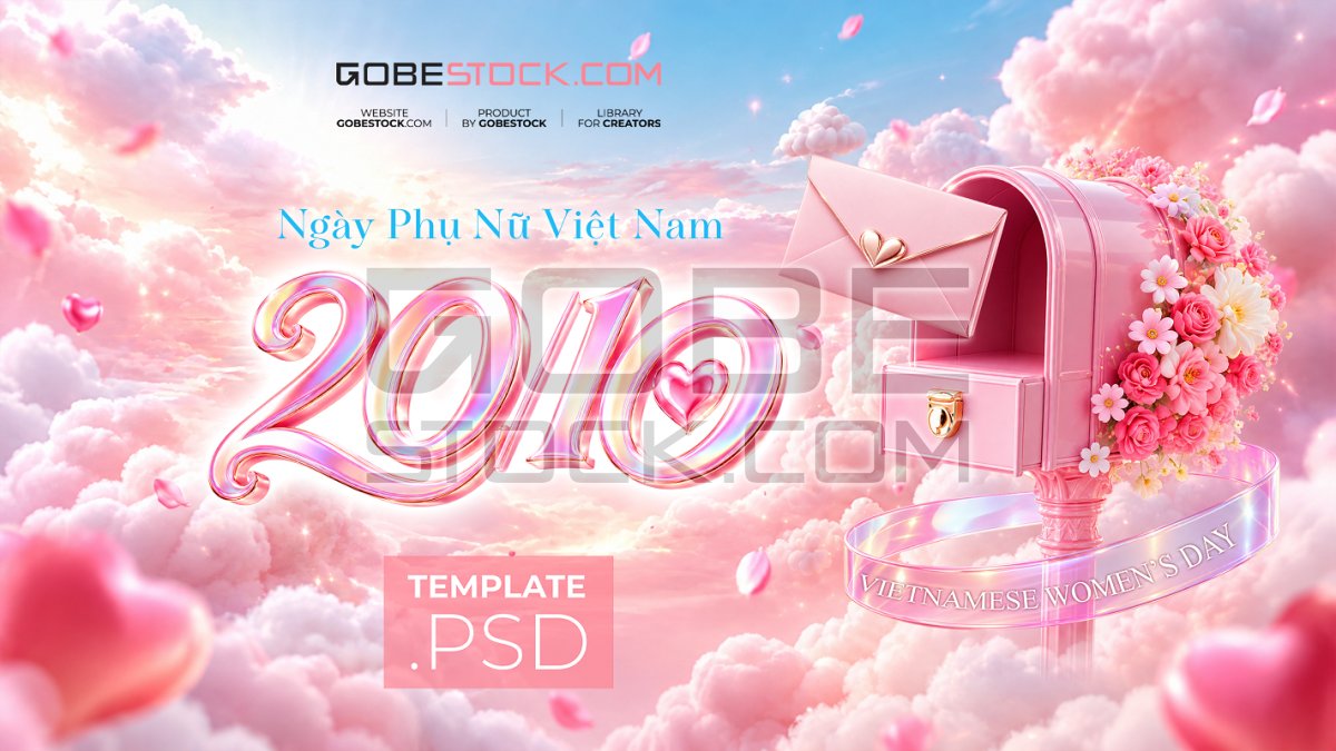 Vietnamese Womens Day banner with pink mailbox love letter and heart balloons