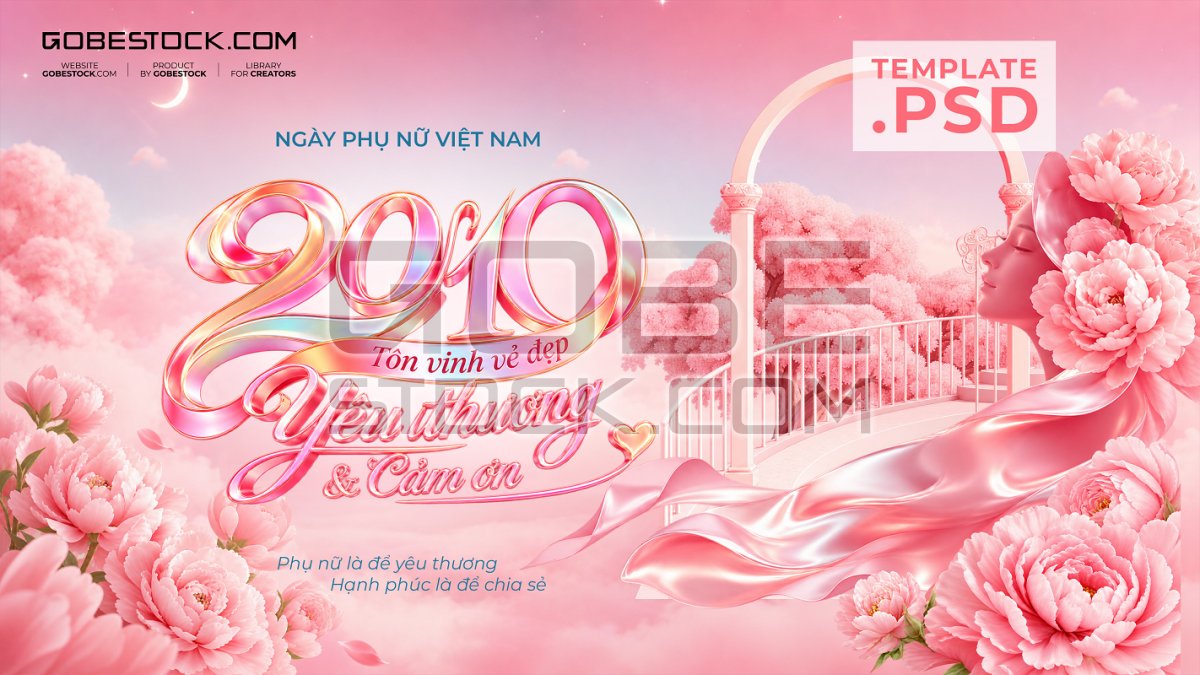 Vietnamese Womens Day banner with pink woman silhouette peonies and garden arch