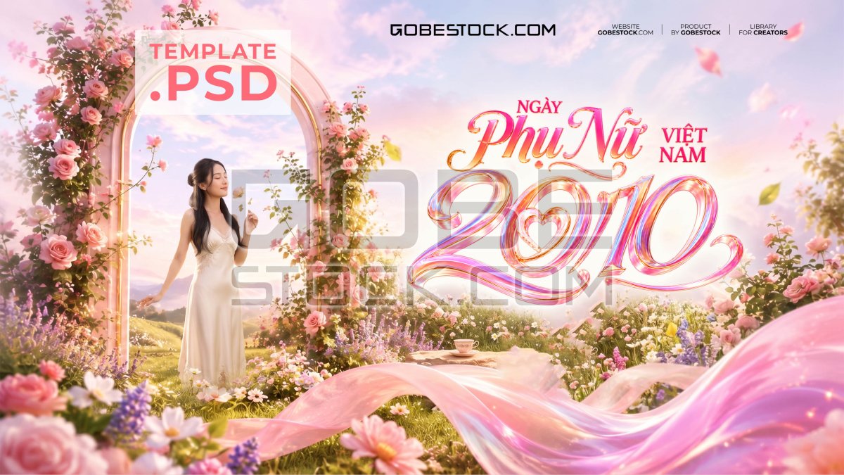 Vietnamese Womens Day banner with woman in rose garden arch