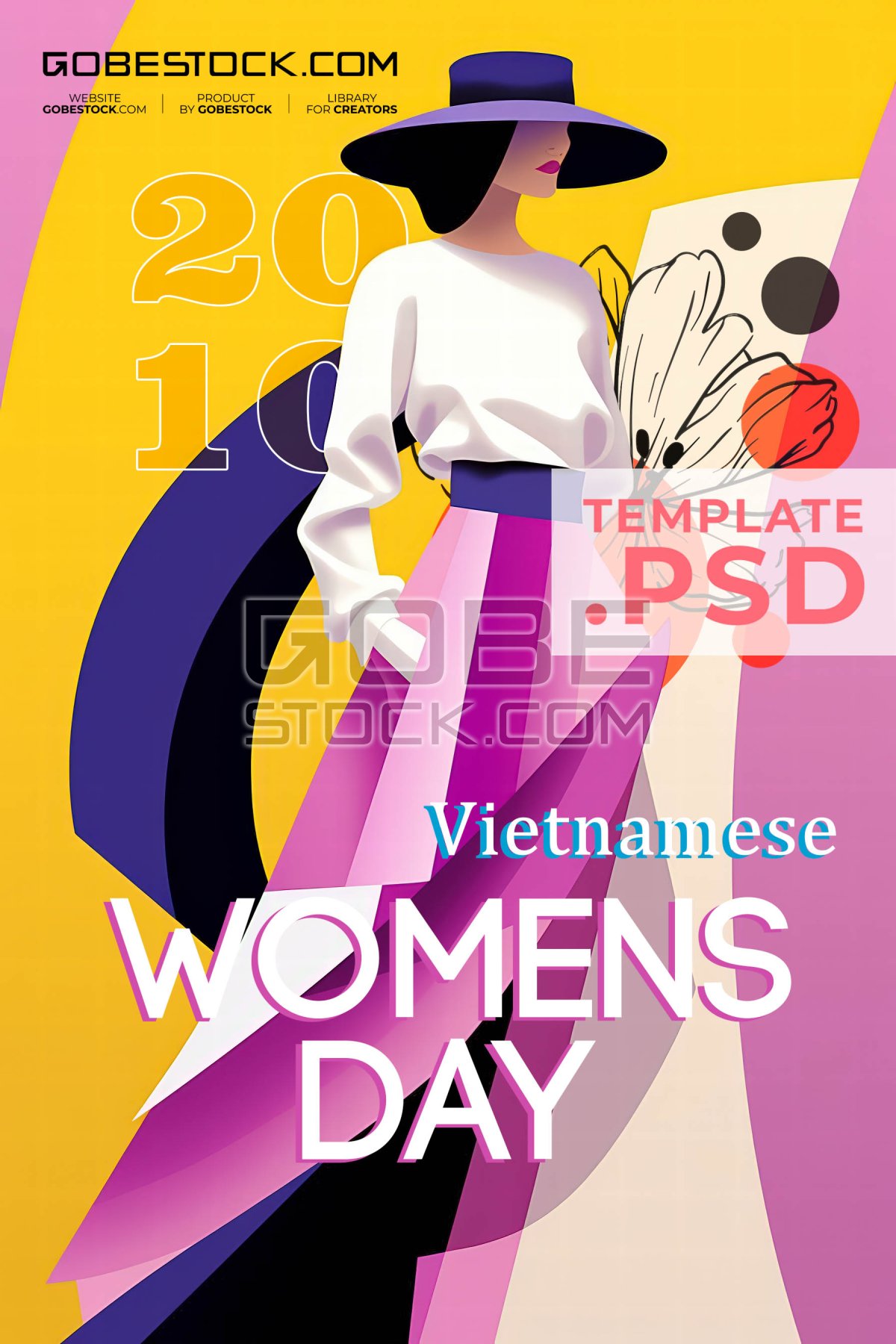 Vietnamese Womens Day fashion poster with woman in purple hat
