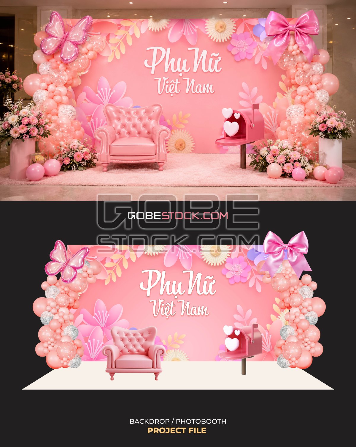 Vietnamese Womens Day photobooth with balloon arch armchair and mailbox