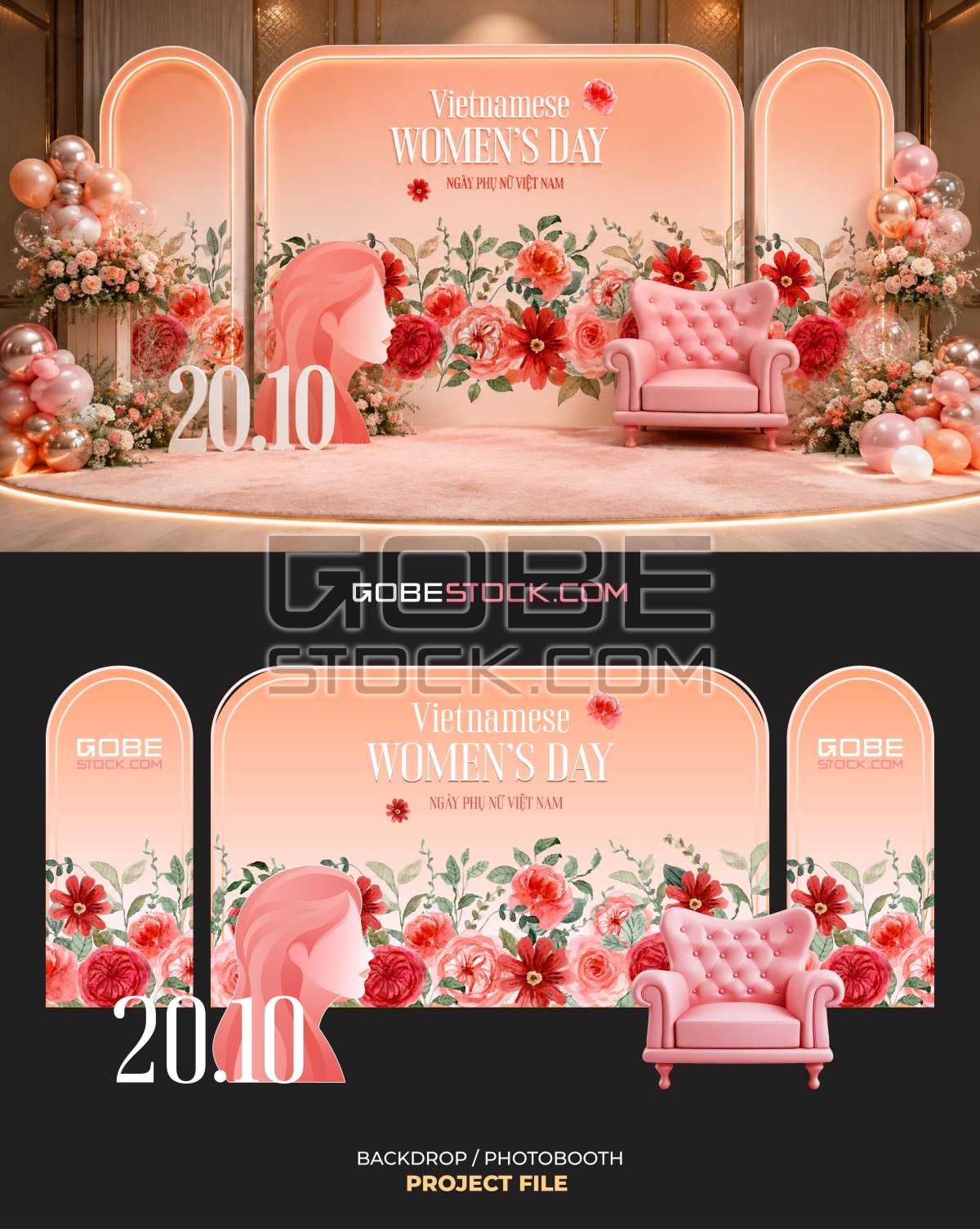 Vietnamese Womens Day photobooth with coral flowers woman silhouette and armchair