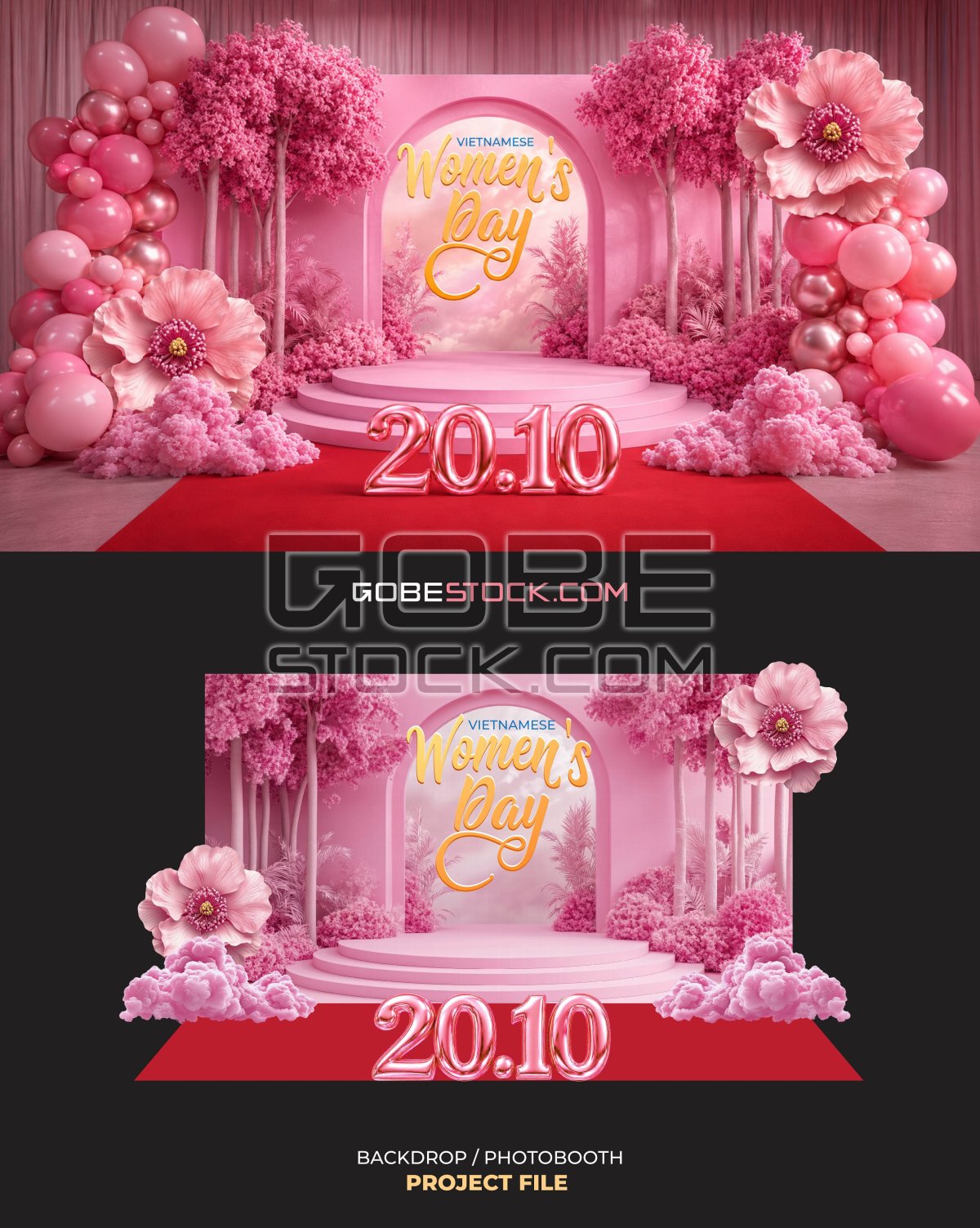 Vietnamese Womens Day photobooth with pink balloon flower stage