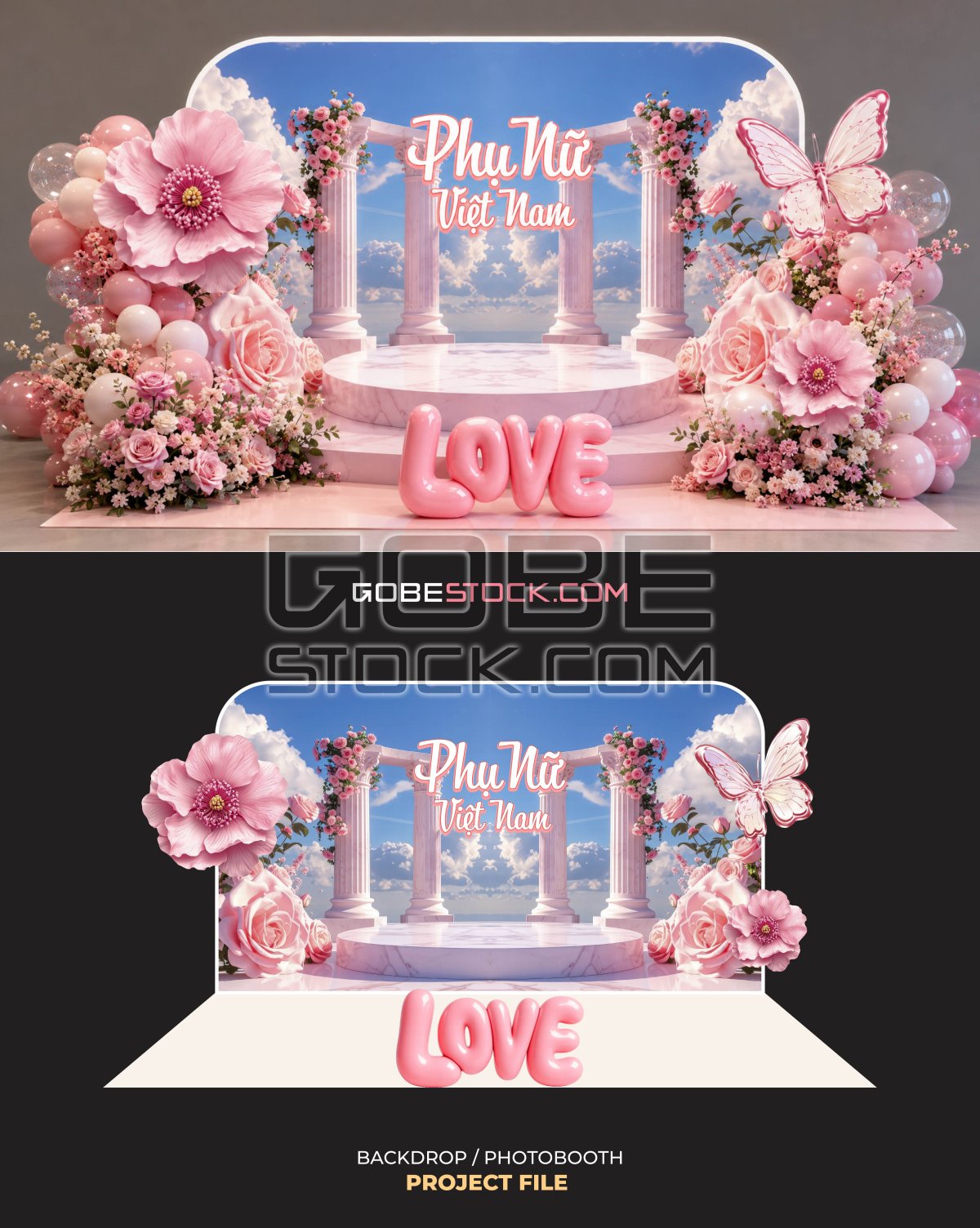 Vietnamese Womens Day photobooth with pink flowers classical columns and love sign