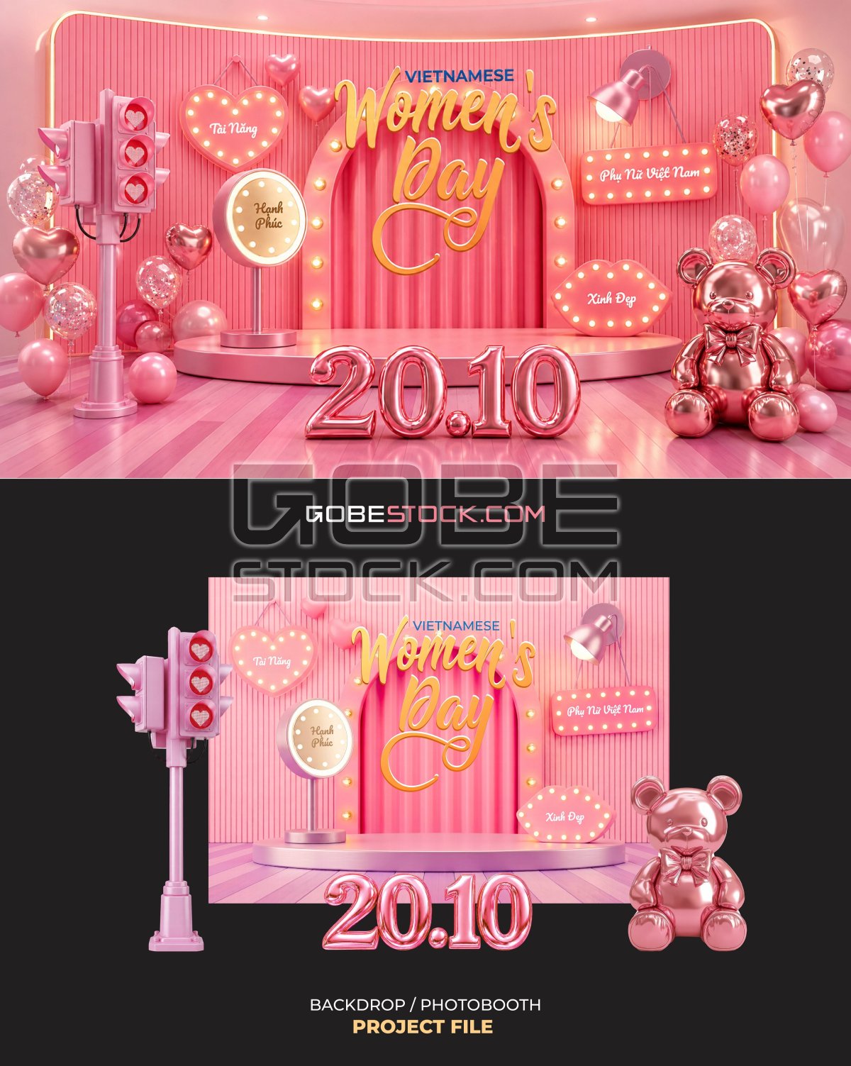 Vietnamese Womens Day photobooth with pink retro studio and teddy bear