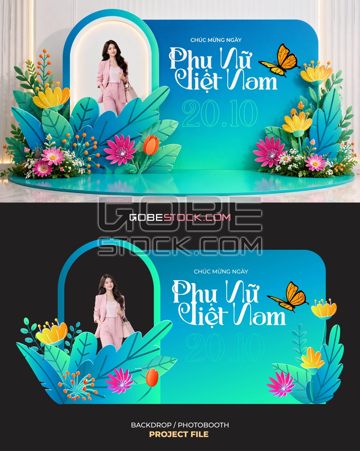 Vietnamese Womens Day photobooth with teal foliage woman and butterfly