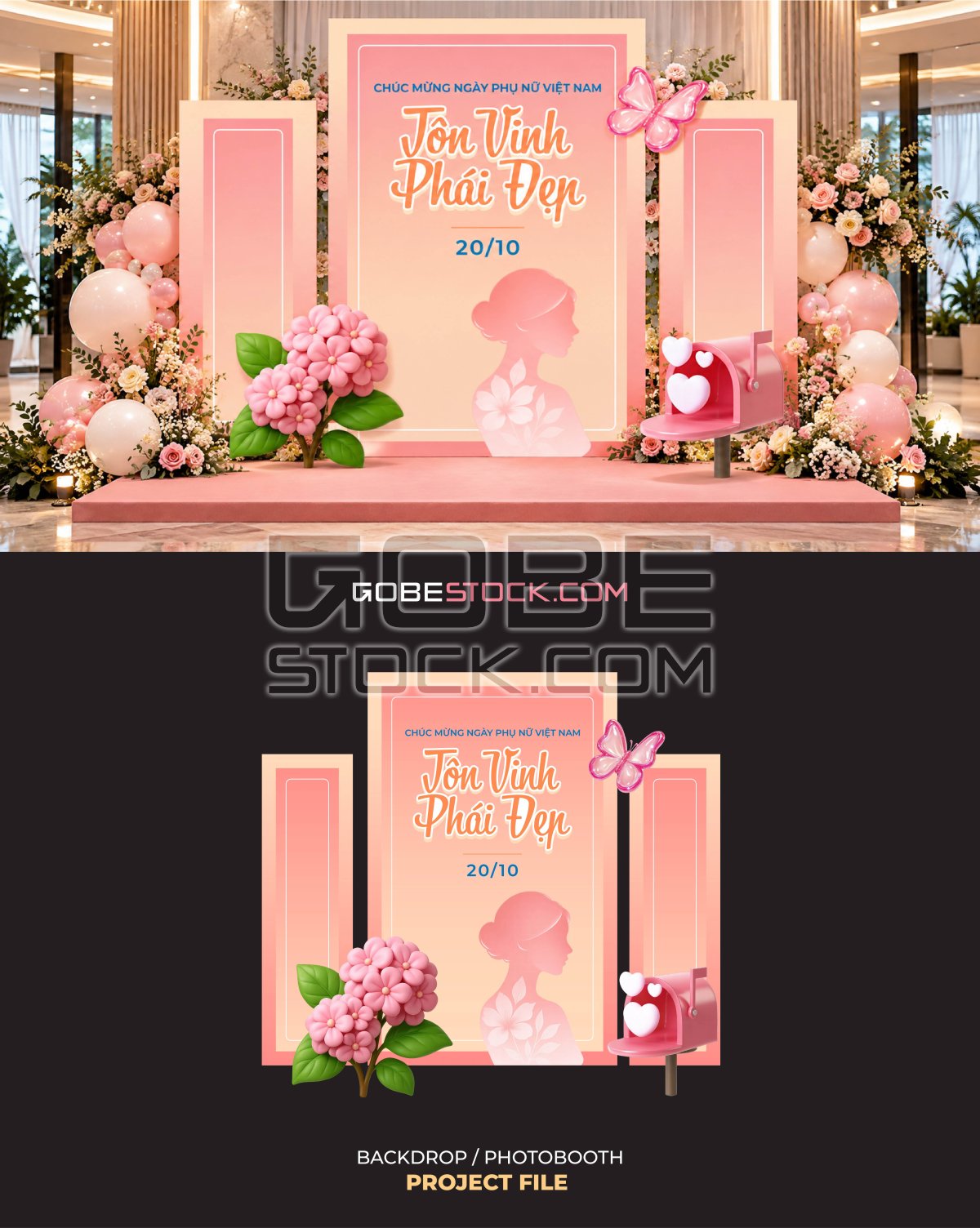 Vietnamese Womens Day Pink Woman Silhouette Photobooth Backdrop