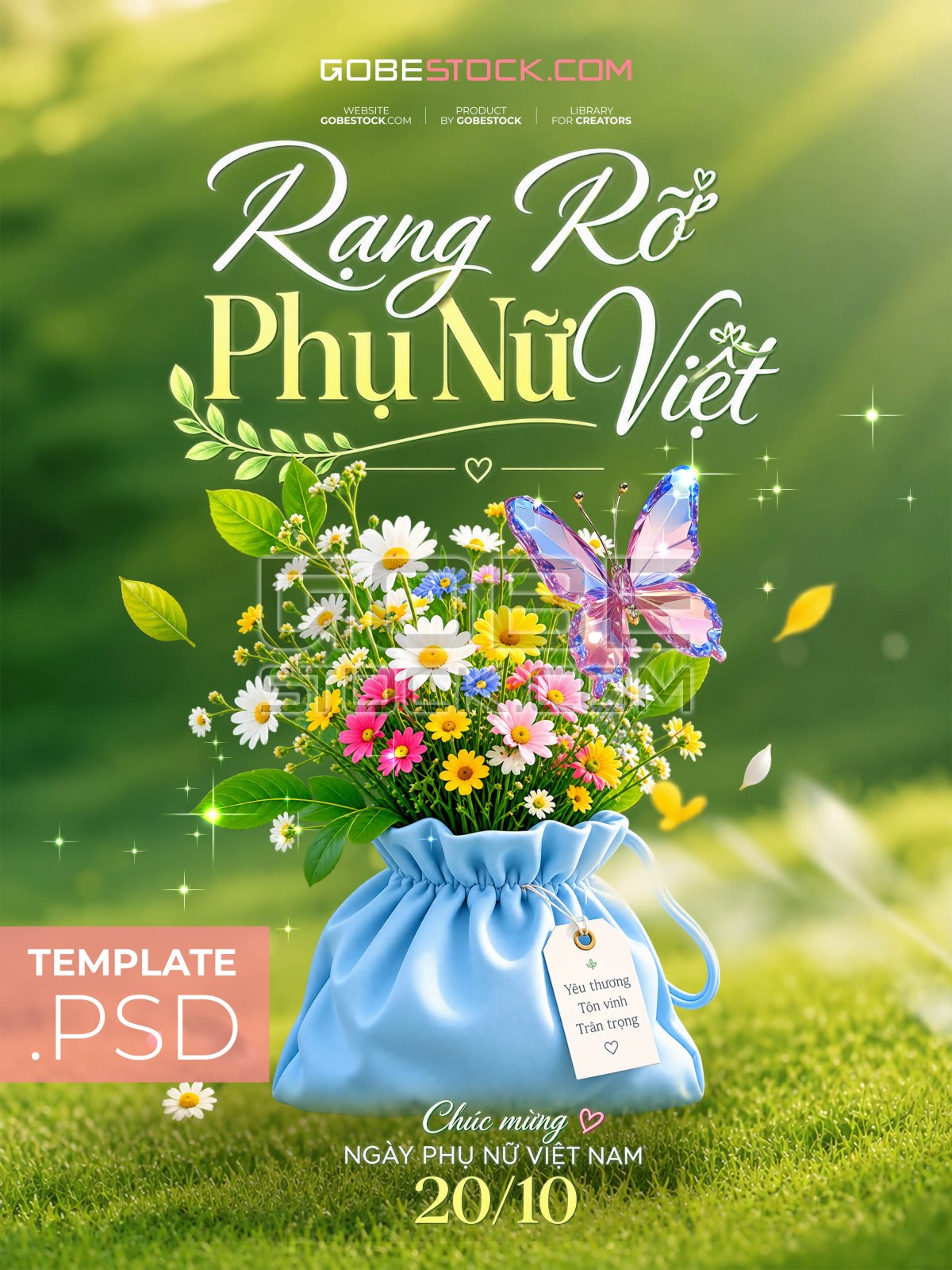 Vietnamese Womens Day poster with blue gift bag daisies and crystal butterfly