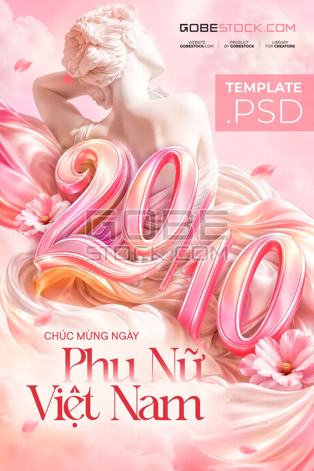 Vietnamese Womens Day poster with classical woman statue and pink silk