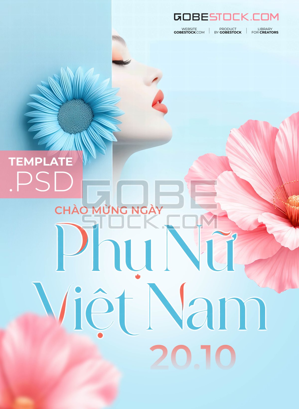 Vietnamese Womens Day poster with elegant woman profile and blue flower