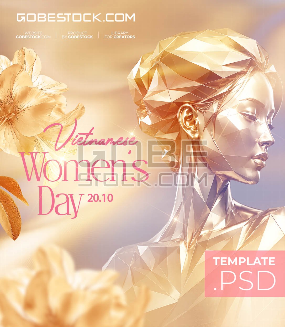 Vietnamese Womens Day poster with faceted golden woman and glowing flowers