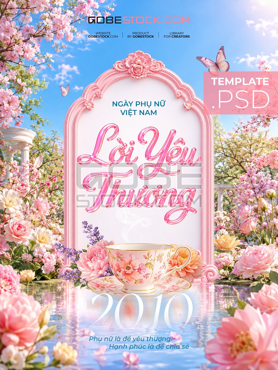 Vietnamese Womens Day poster with floral tea cup in spring garden