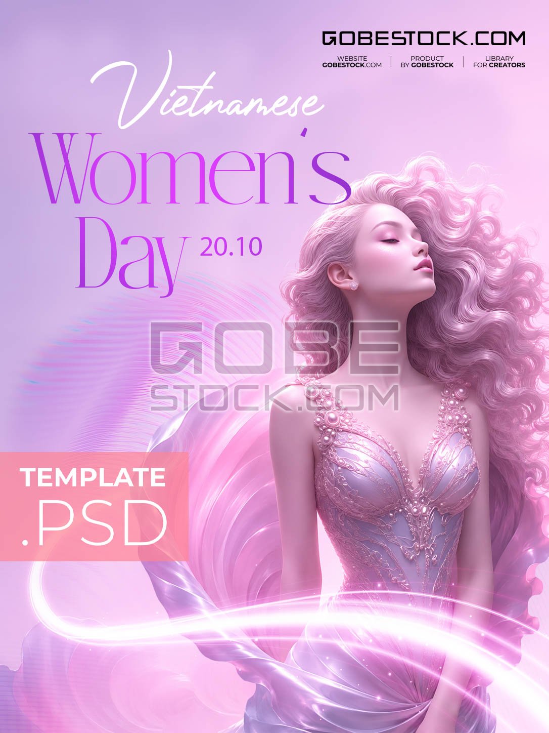 Vietnamese Womens Day poster with glamorous woman and flowing pink curls