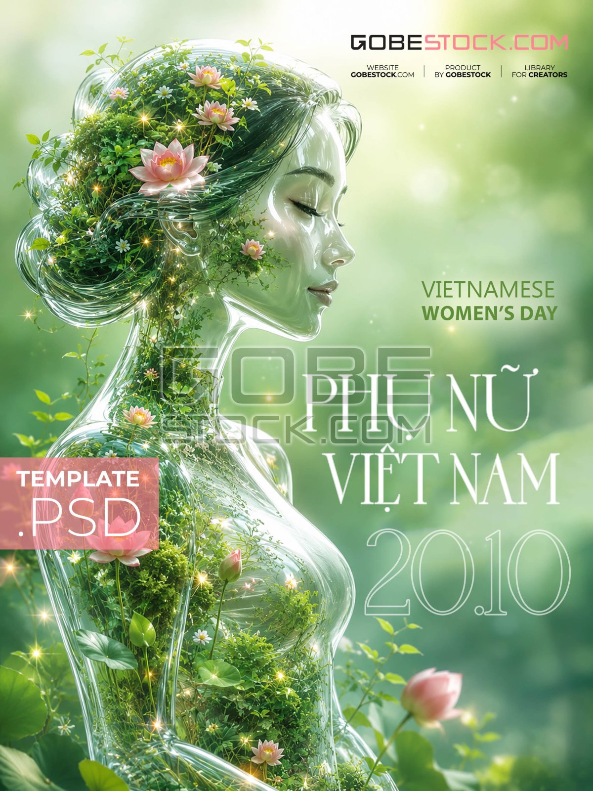 Vietnamese Womens Day poster with glass woman filled with lotus garden
