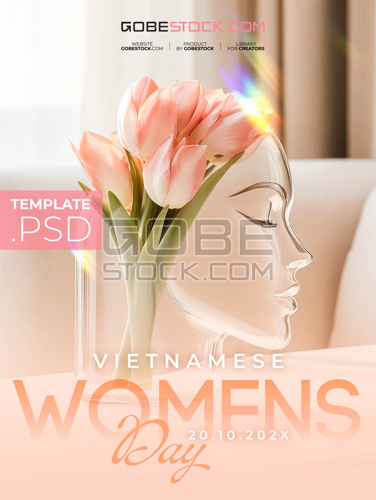 Vietnamese Womens Day poster with glass woman profile and pink tulips