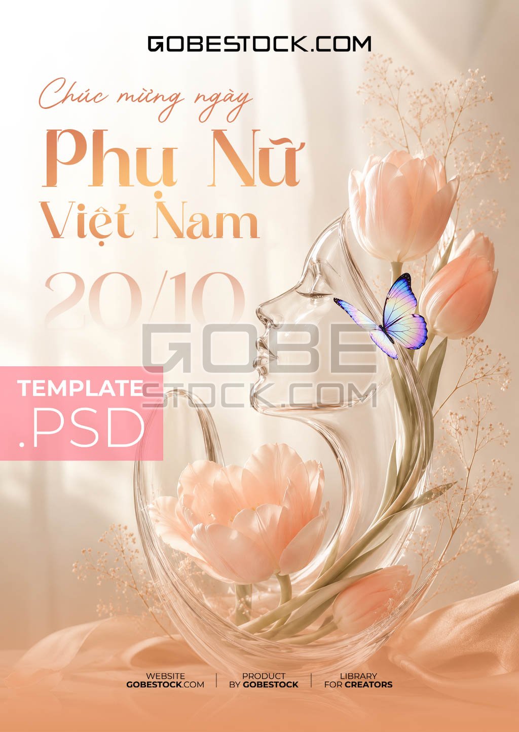 Vietnamese Womens Day poster with glass woman profile tulips and butterfly