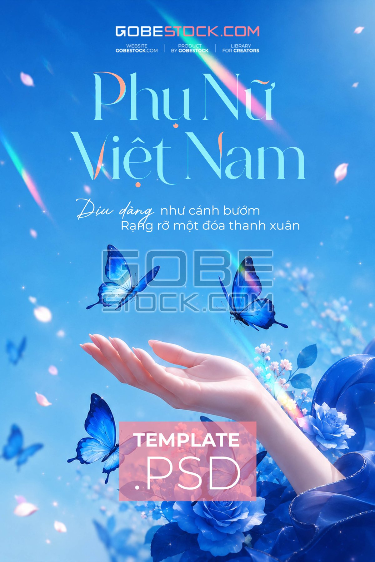 Vietnamese Womens Day poster with hand blue butterflies and blue roses