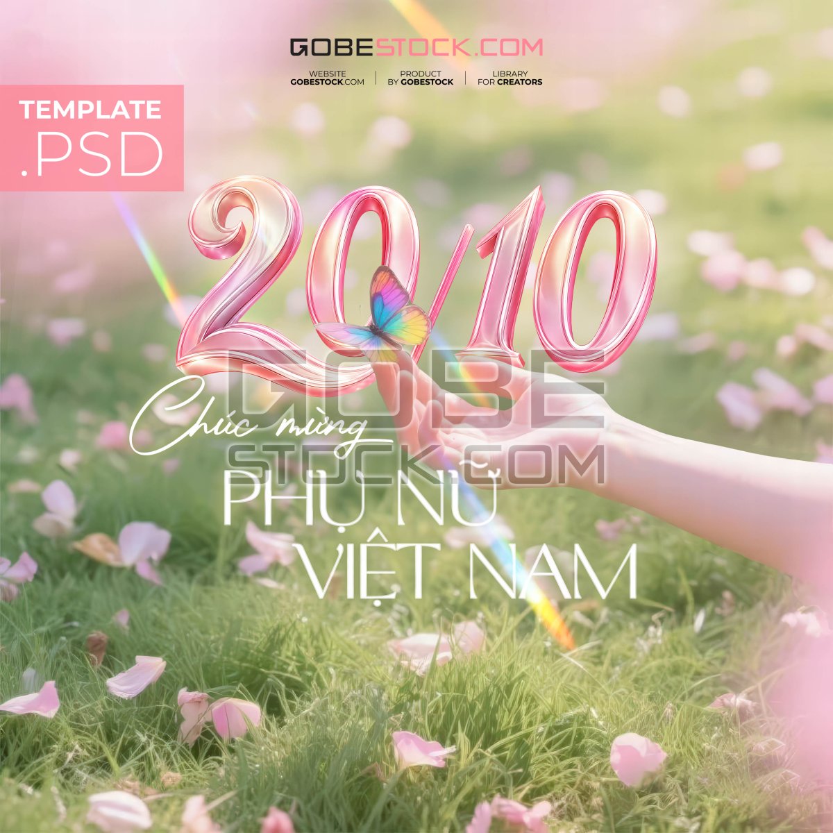 Vietnamese Womens Day poster with hand butterfly and flower meadow