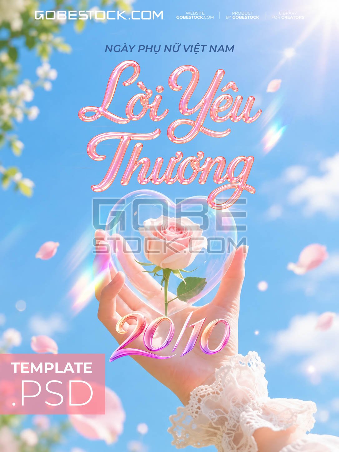 Vietnamese Womens Day poster with hand holding heart glass and pink rose