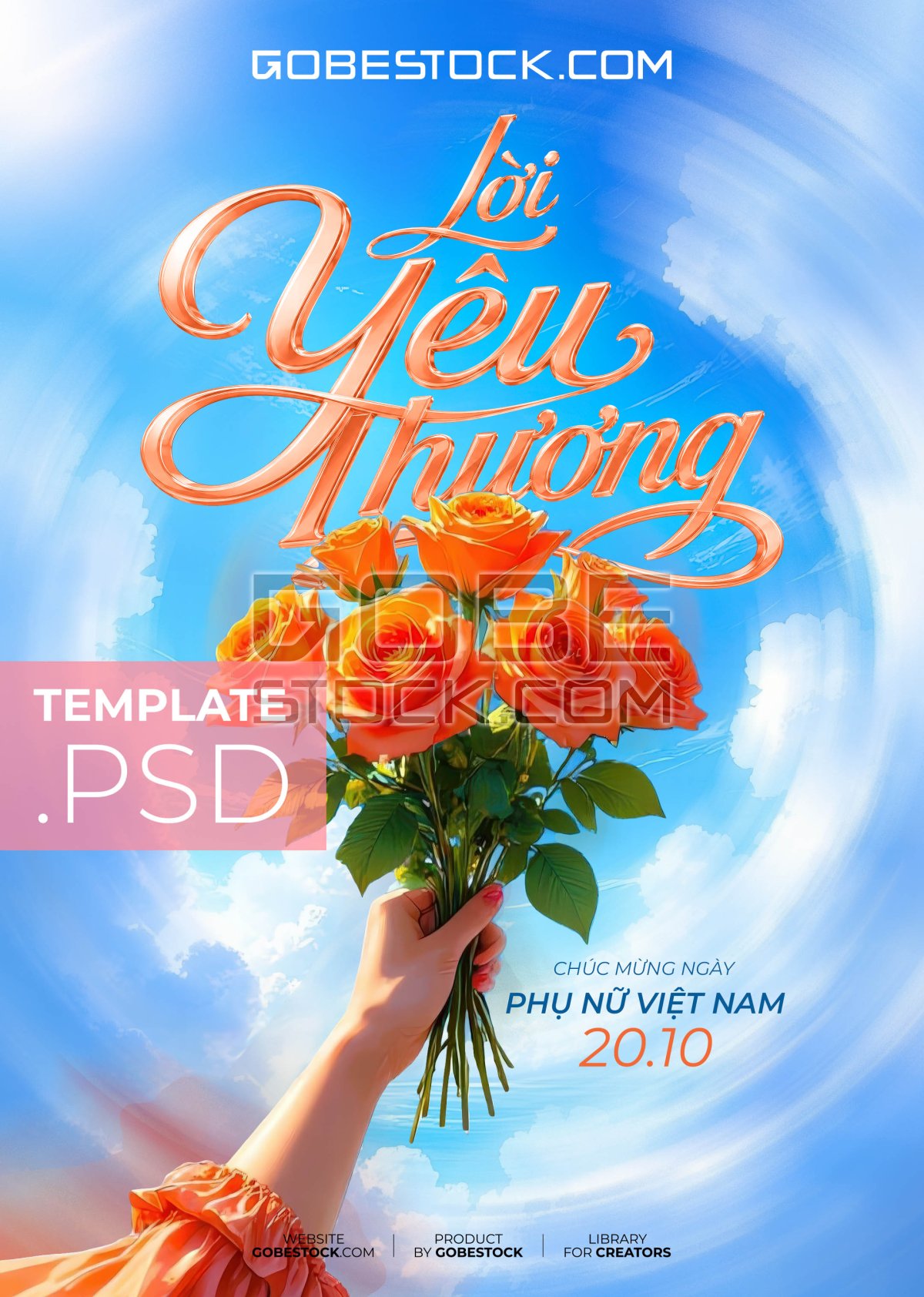 Vietnamese Womens Day poster with hand holding orange rose bouquet