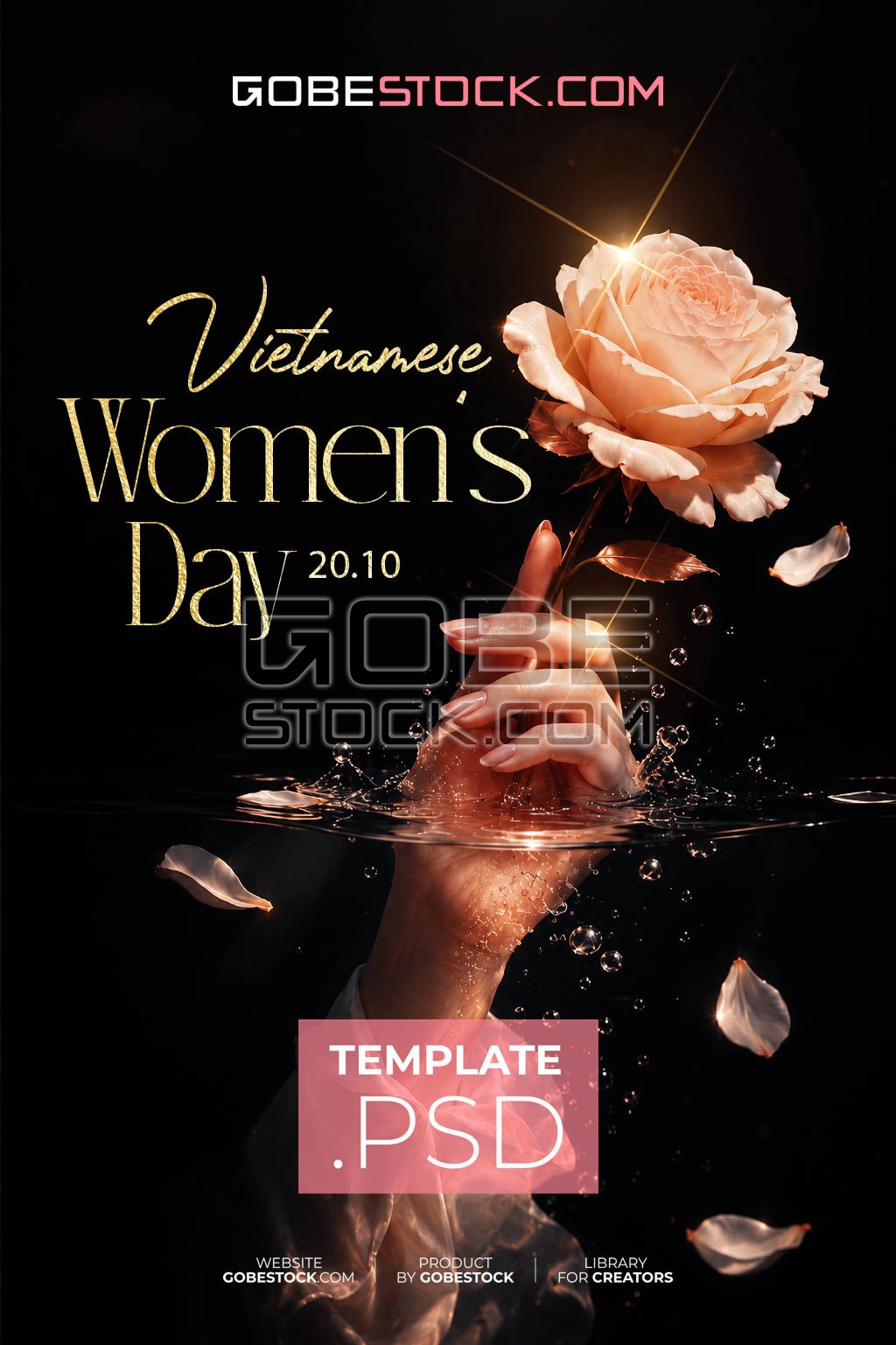 Vietnamese Womens Day poster with hand holding rose above dark water