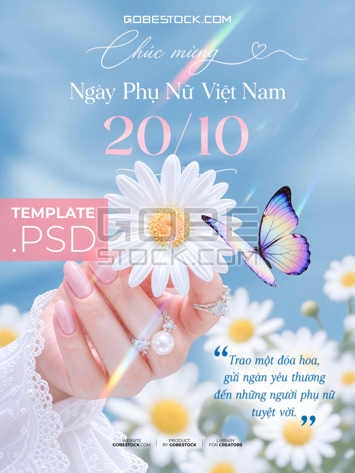 Vietnamese Womens Day poster with hand holding white daisy and butterfly
