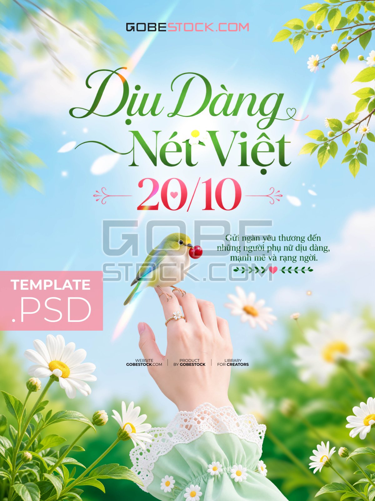 Vietnamese Womens Day poster with little bird on hand among daisies