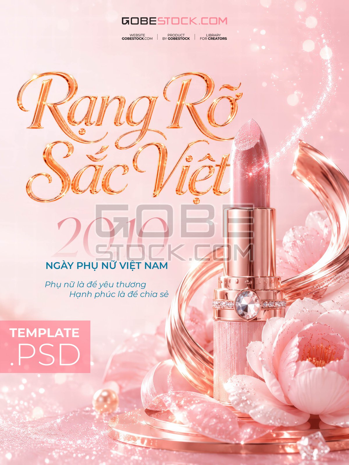 Vietnamese Womens Day poster with luxury pink lipstick and crystal flowers