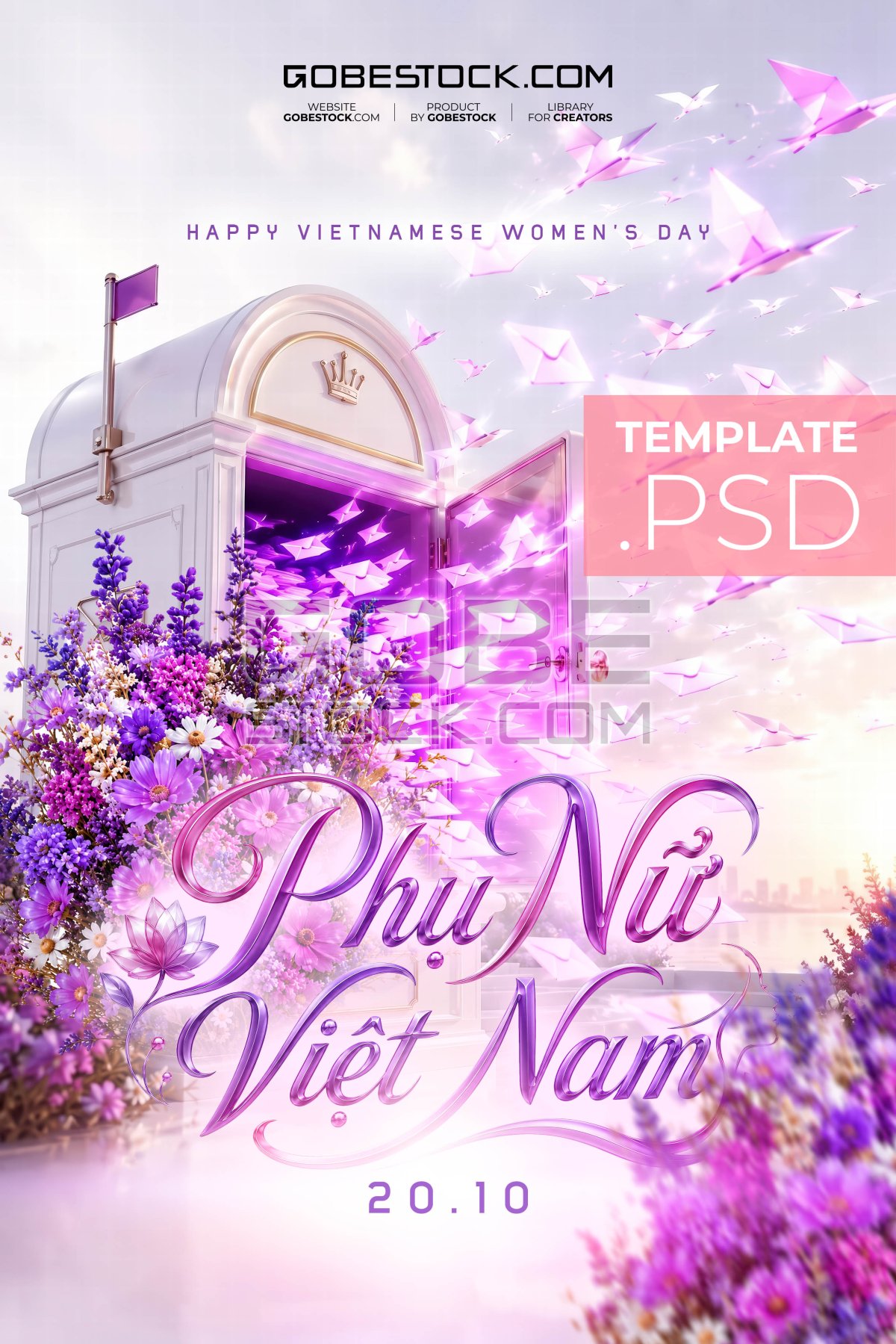 Vietnamese Womens Day poster with magical door purple flowers and paper birds