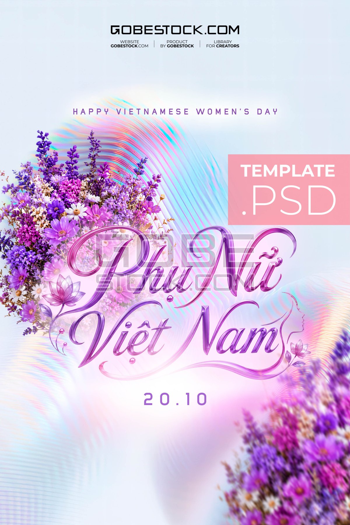 Vietnamese Womens Day poster with purple flower bouquet and abstract waves