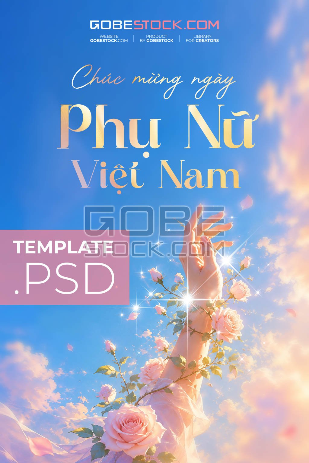 Vietnamese Womens Day poster with purple flower bouquet and abstract waves