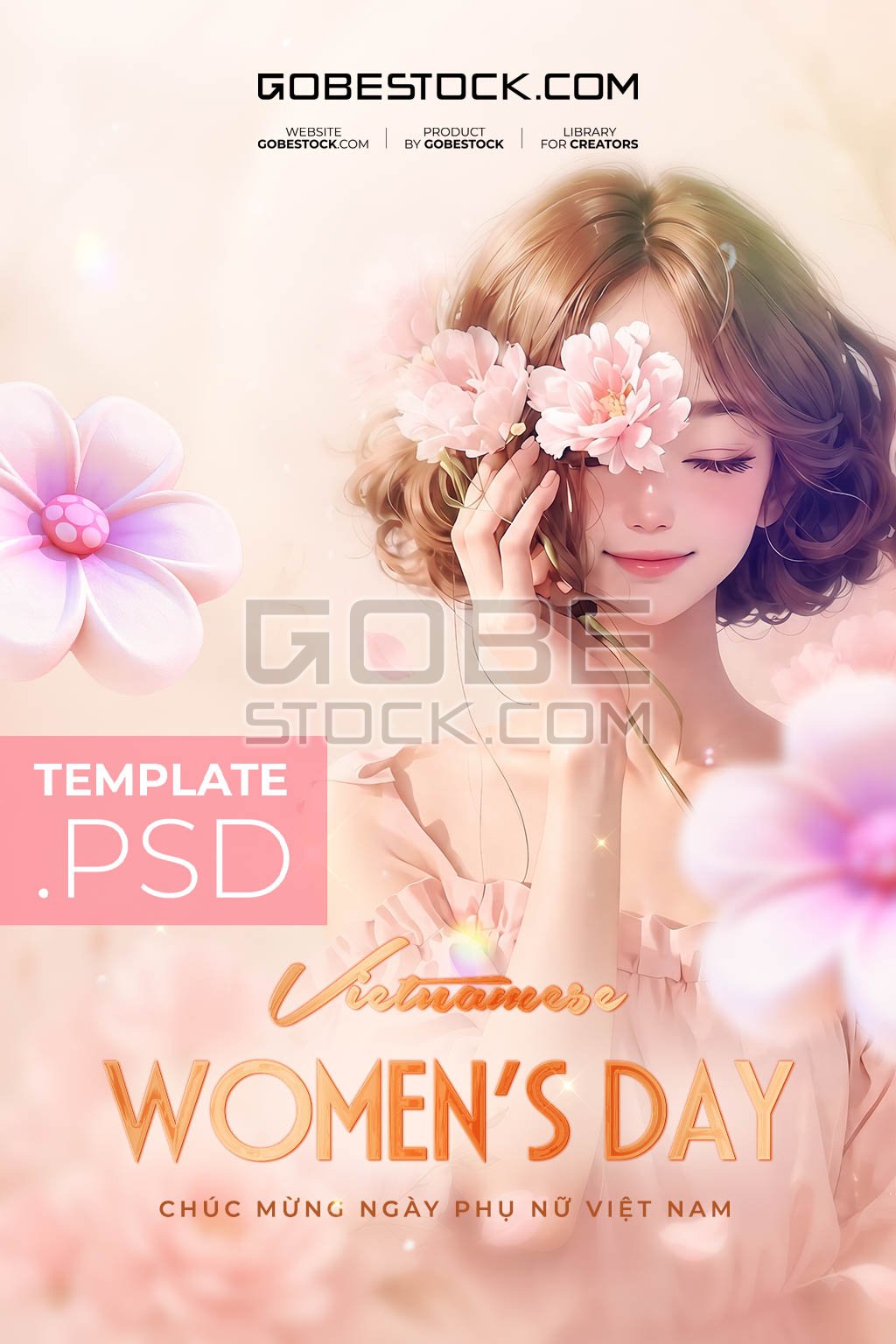 Vietnamese Womens Day poster with short haired woman holding pink flowers