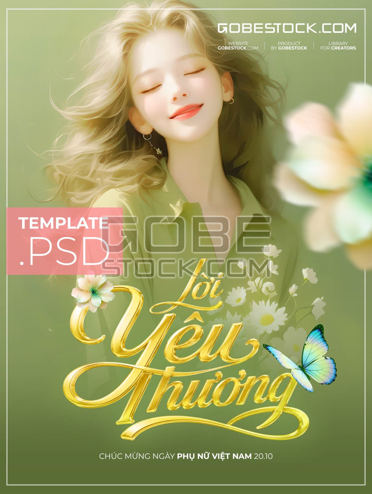 Vietnamese Womens Day poster with smiling woman daisies and butterfly