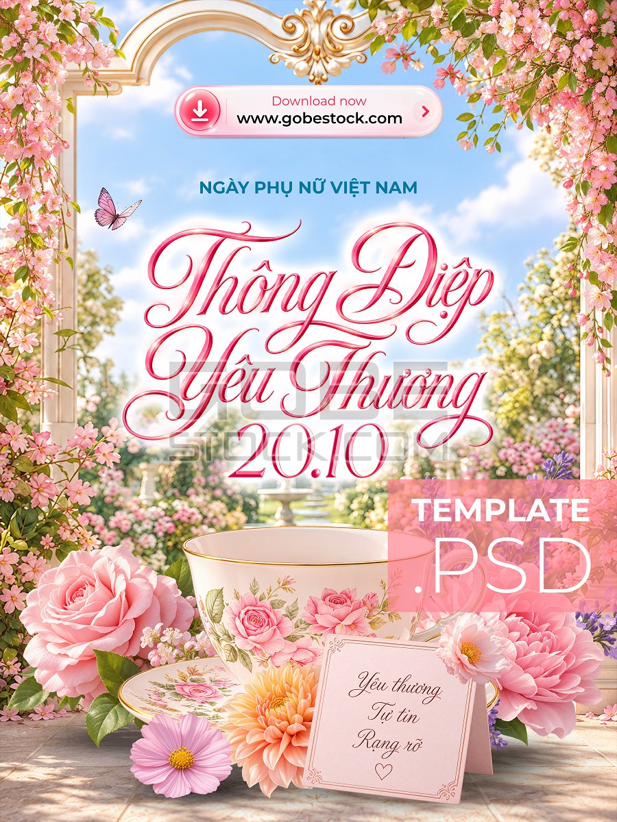 Vietnamese Womens Day poster with tea cup in romantic flower garden