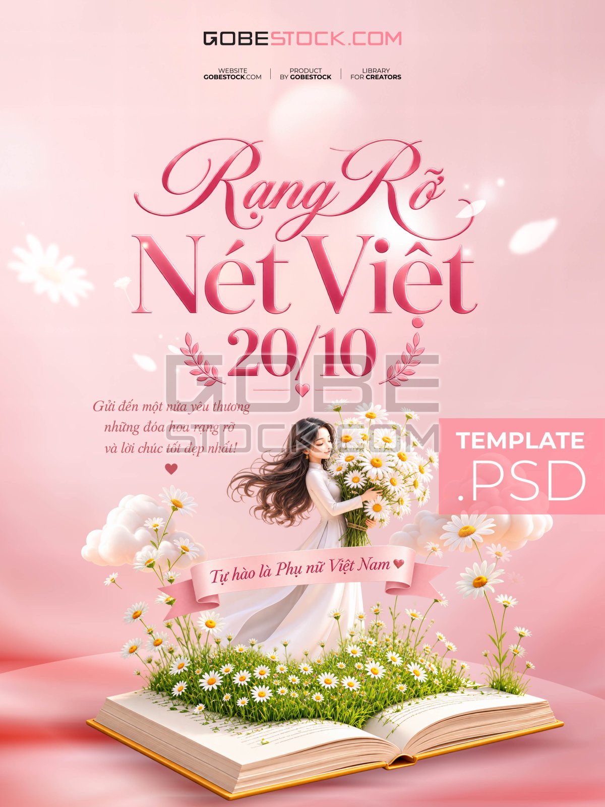 Vietnamese Womens Day poster with woman and daisies rising from open book