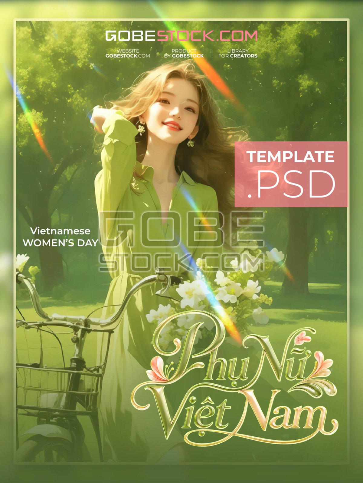 Vietnamese Womens Day poster with woman and flower bicycle in green park