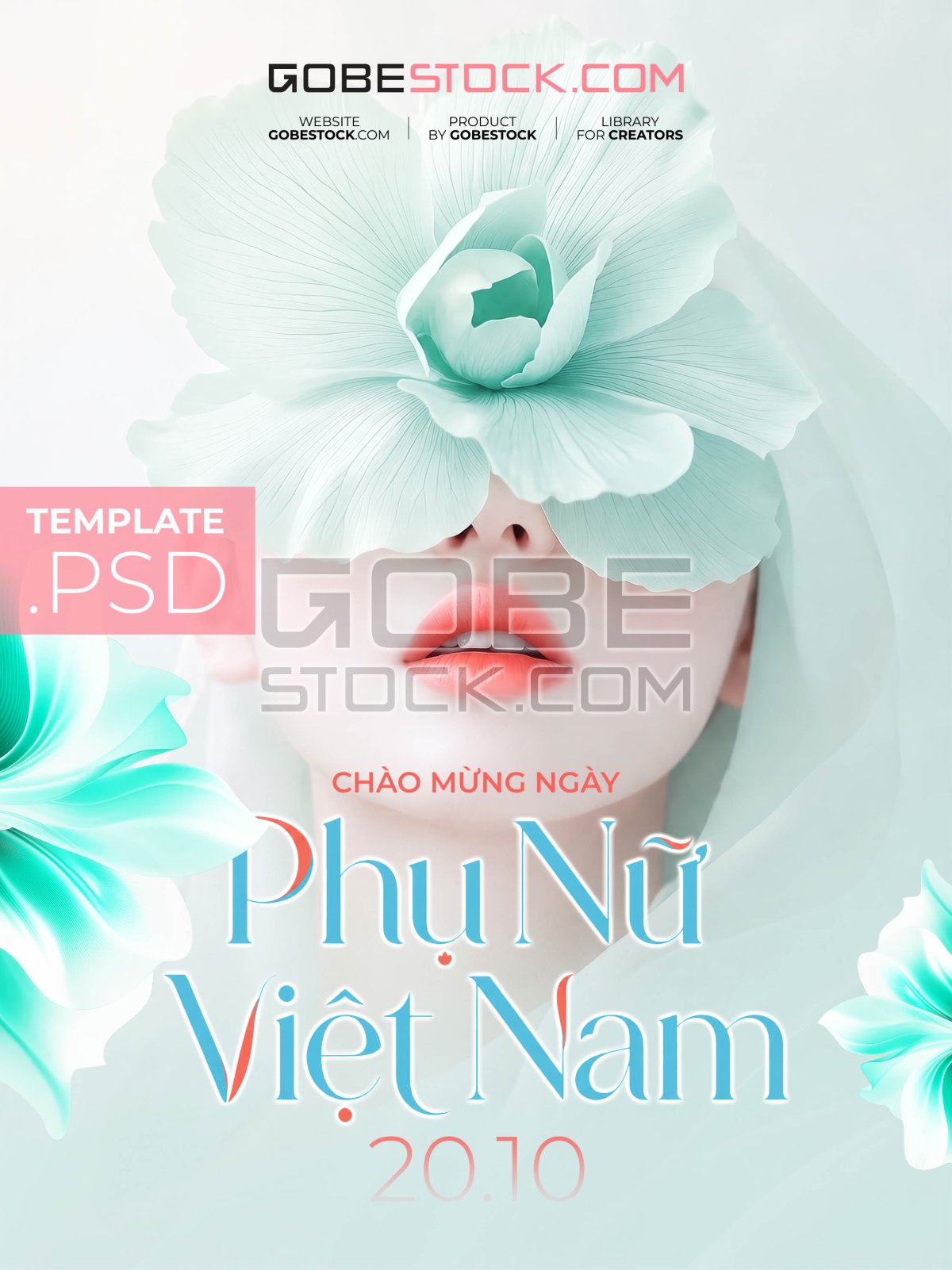 Vietnamese Womens Day poster with woman face covered by aqua flower
