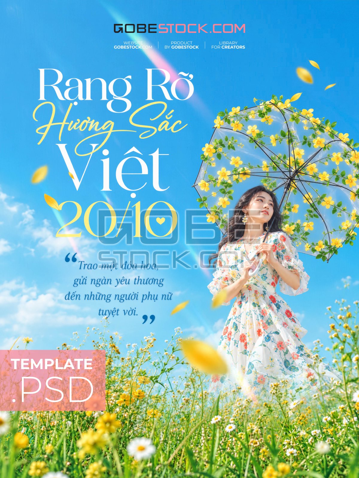Vietnamese Womens Day poster with woman holding flower covered umbrella