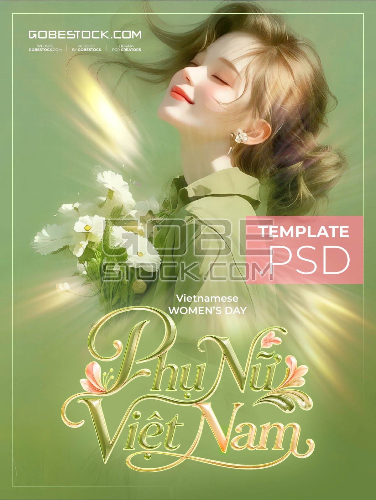 Vietnamese Womens Day poster with woman holding white flowers in sunlight
