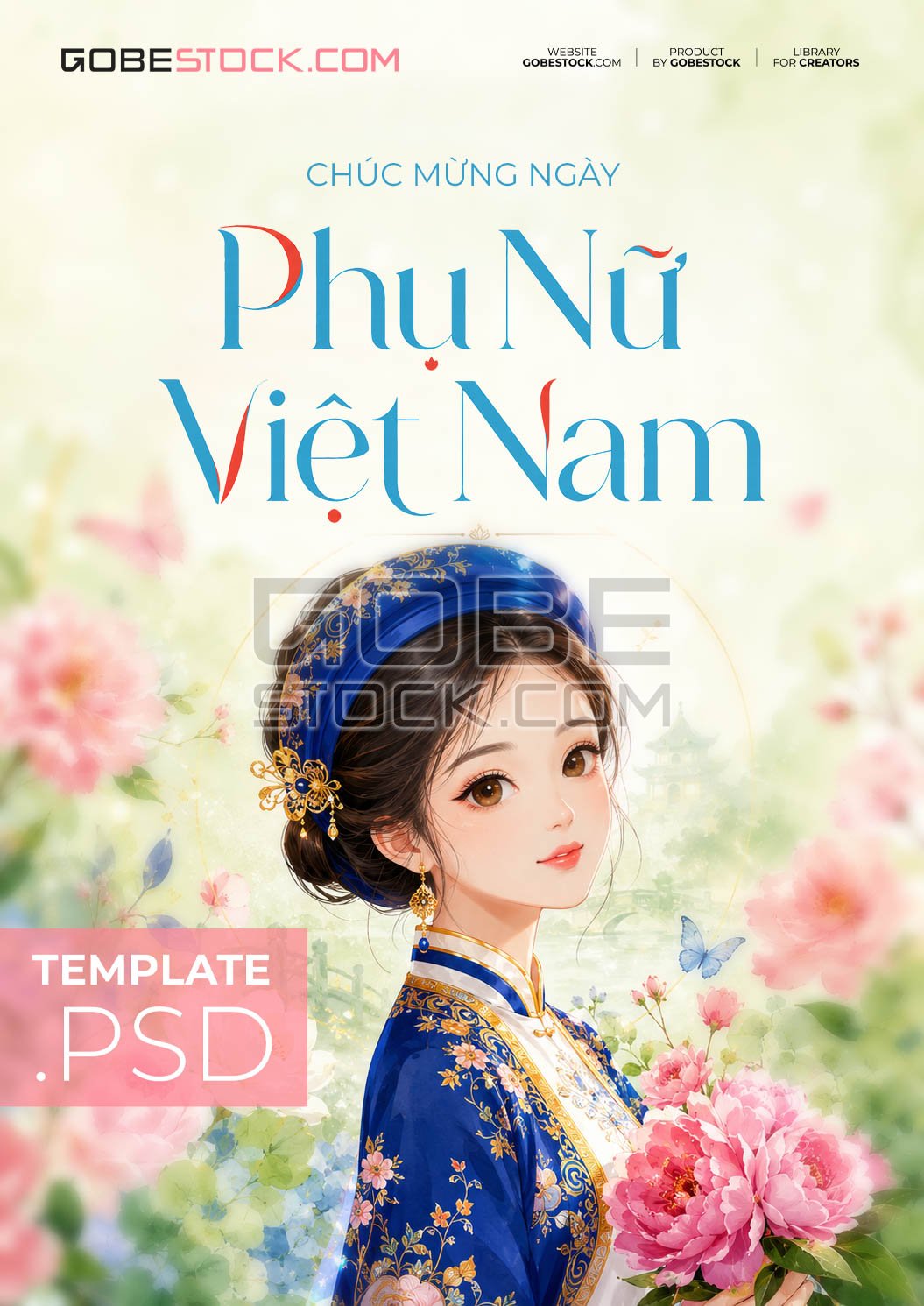 Vietnamese Womens Day poster with woman in blue ao dai holding peonies