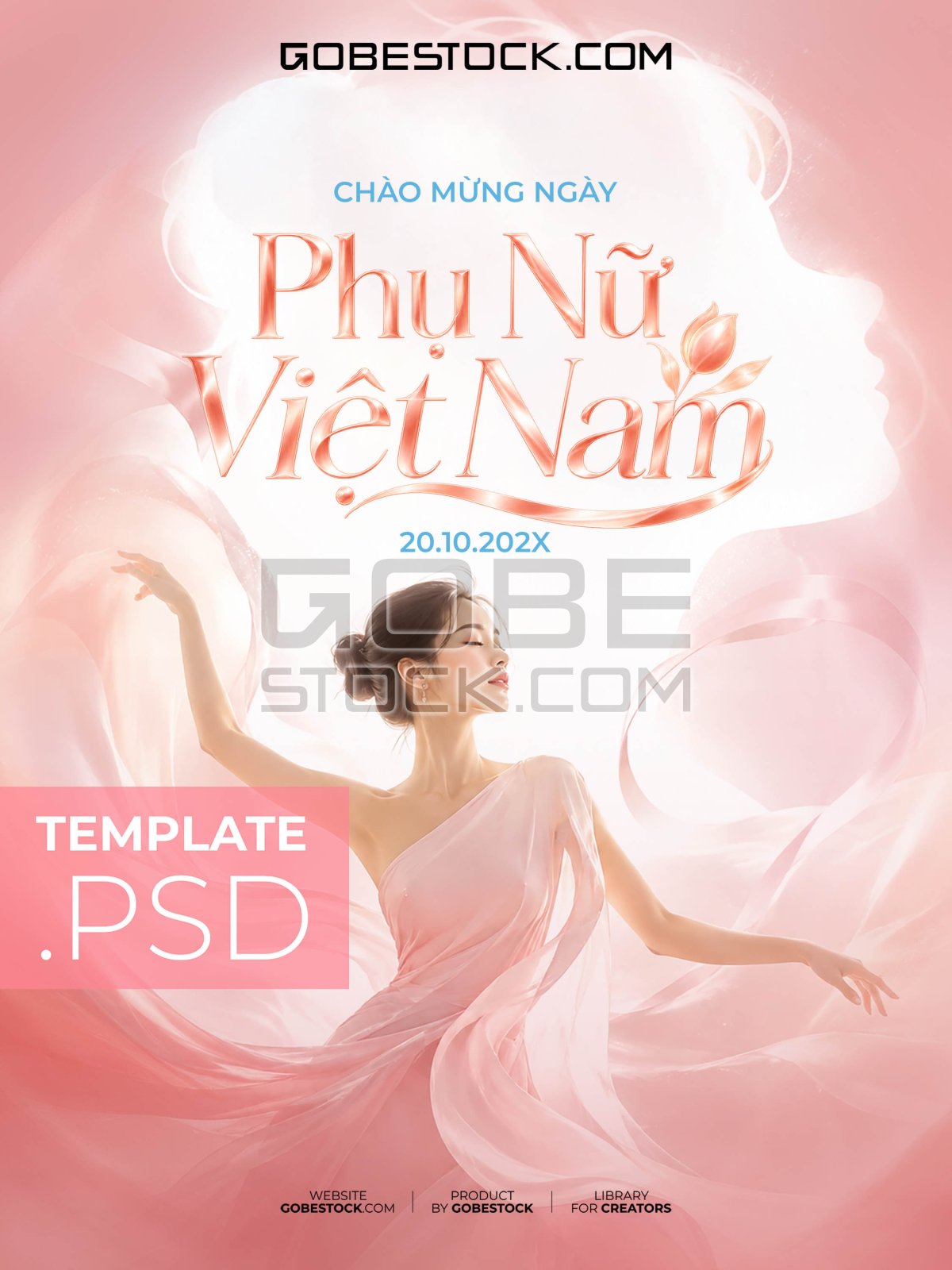 Vietnamese Womens Day poster with woman in flowing pink dress