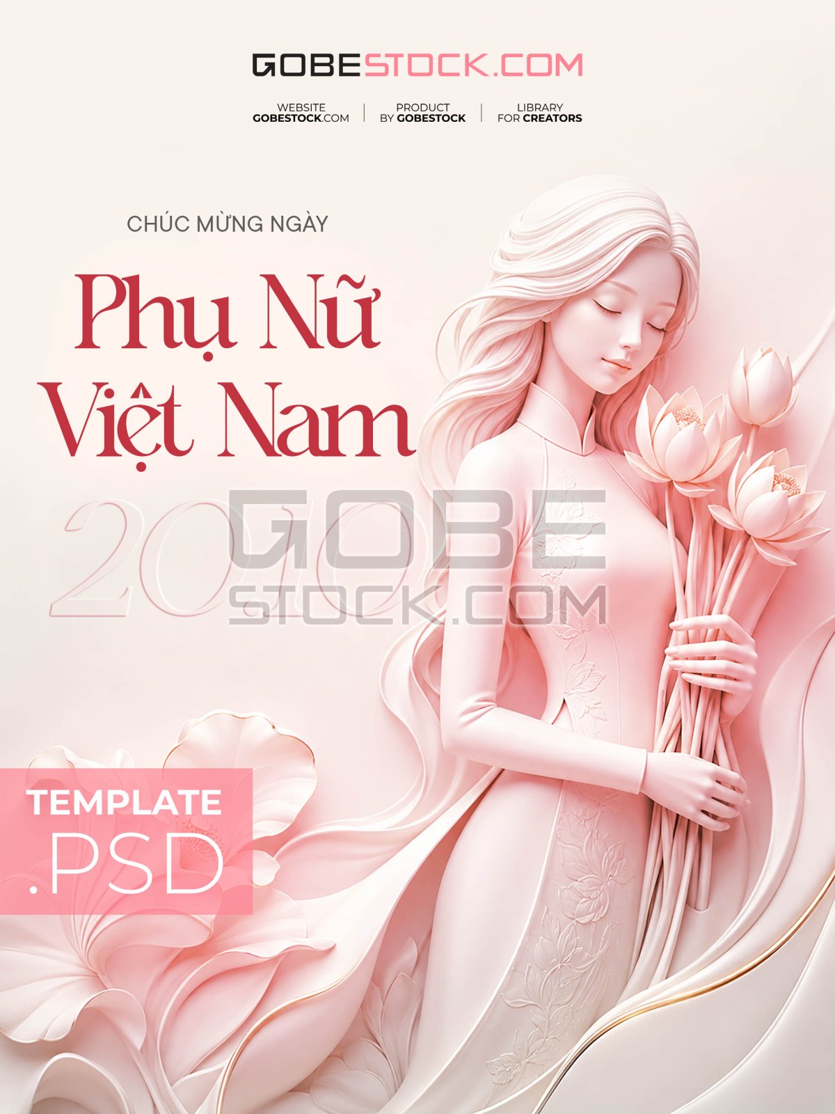 Vietnamese Womens Day poster with woman in pink ao dai holding lotus flowers