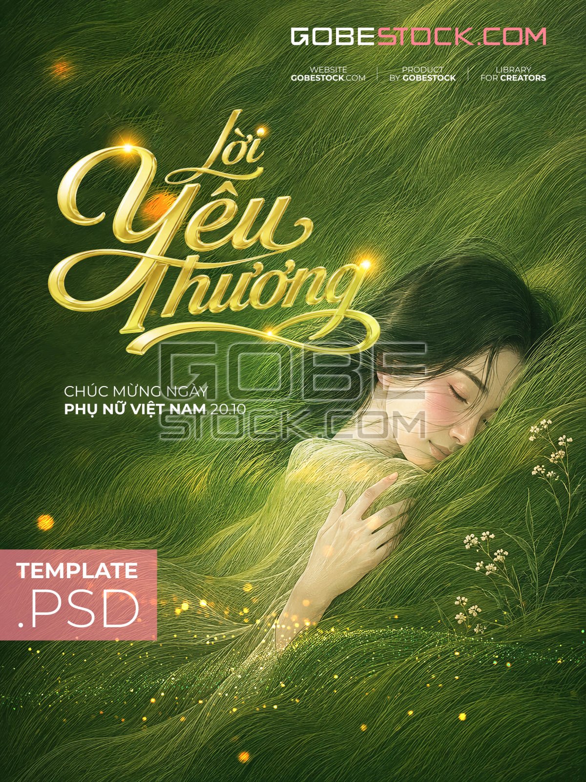 Vietnamese Womens Day poster with woman resting in green feather waves