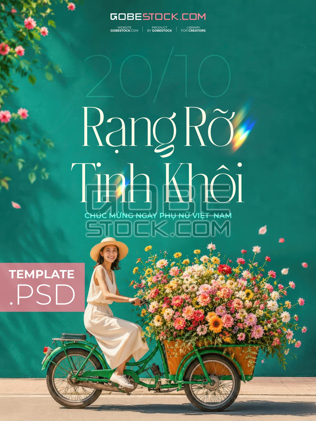 Vietnamese Womens Day poster with woman riding flower filled bicycle