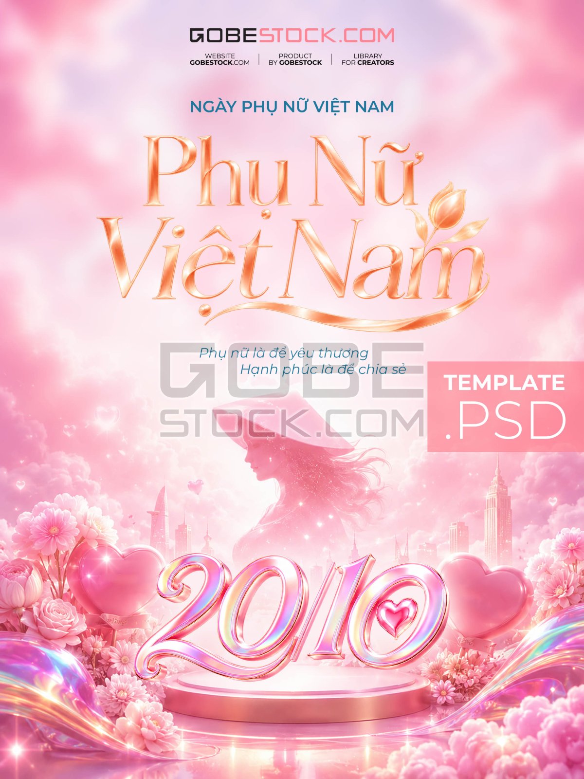 Vietnamese Womens Day poster with woman silhouette hearts and city skyline