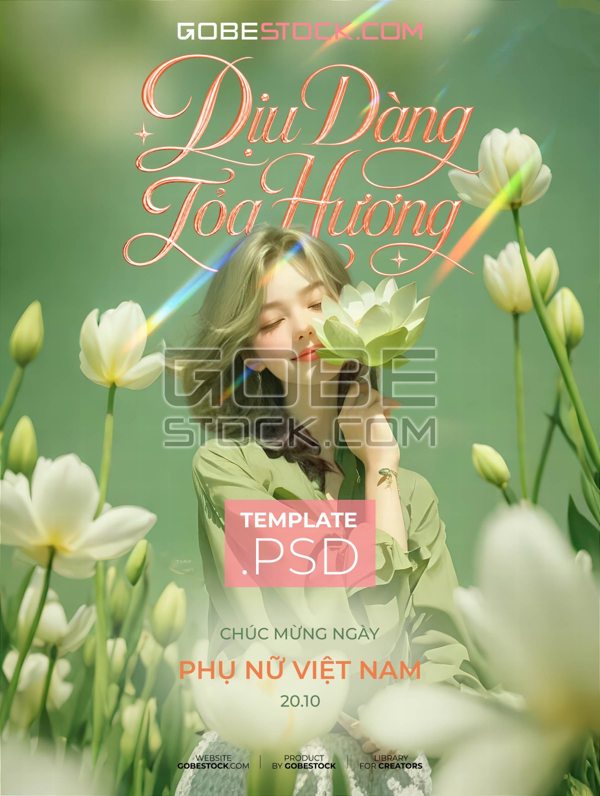 Vietnamese Womens Day poster with woman smelling white lotus flowers