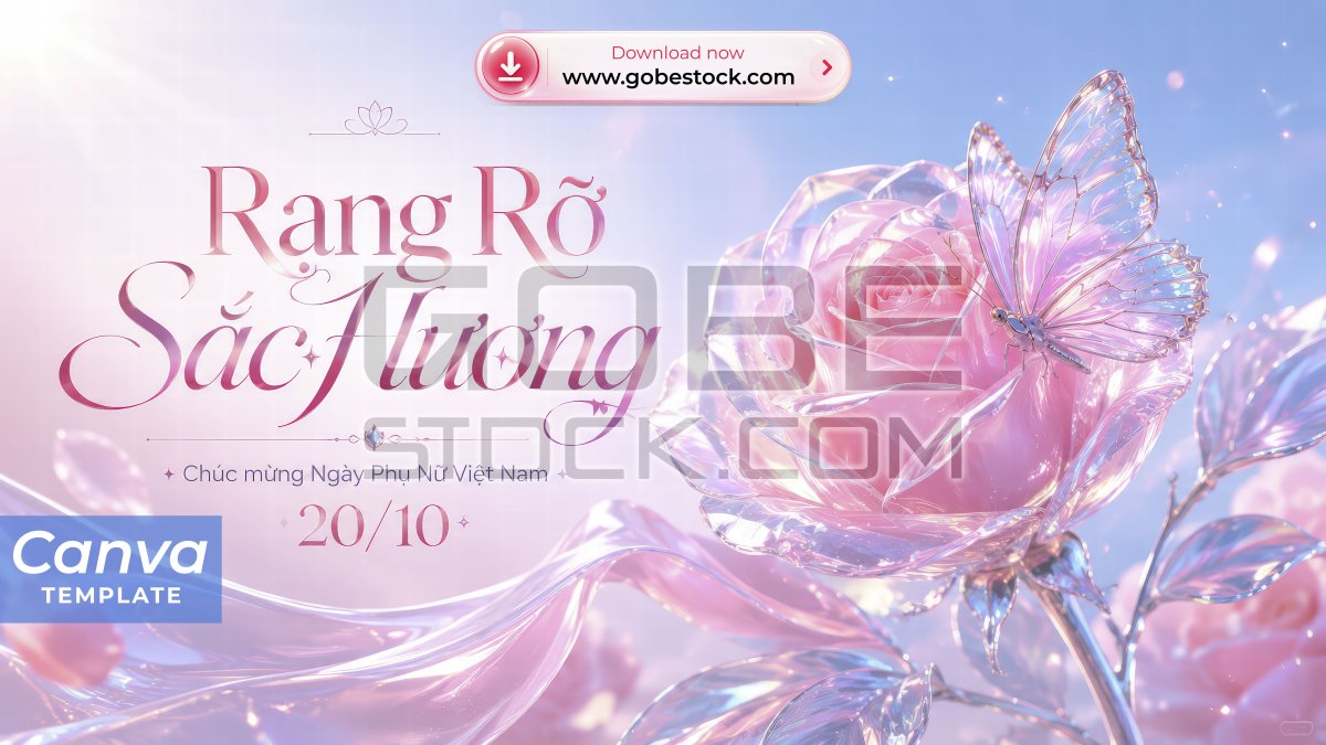 Vietnamese Womens Day Pink Crystal Rose Butterfly Banner