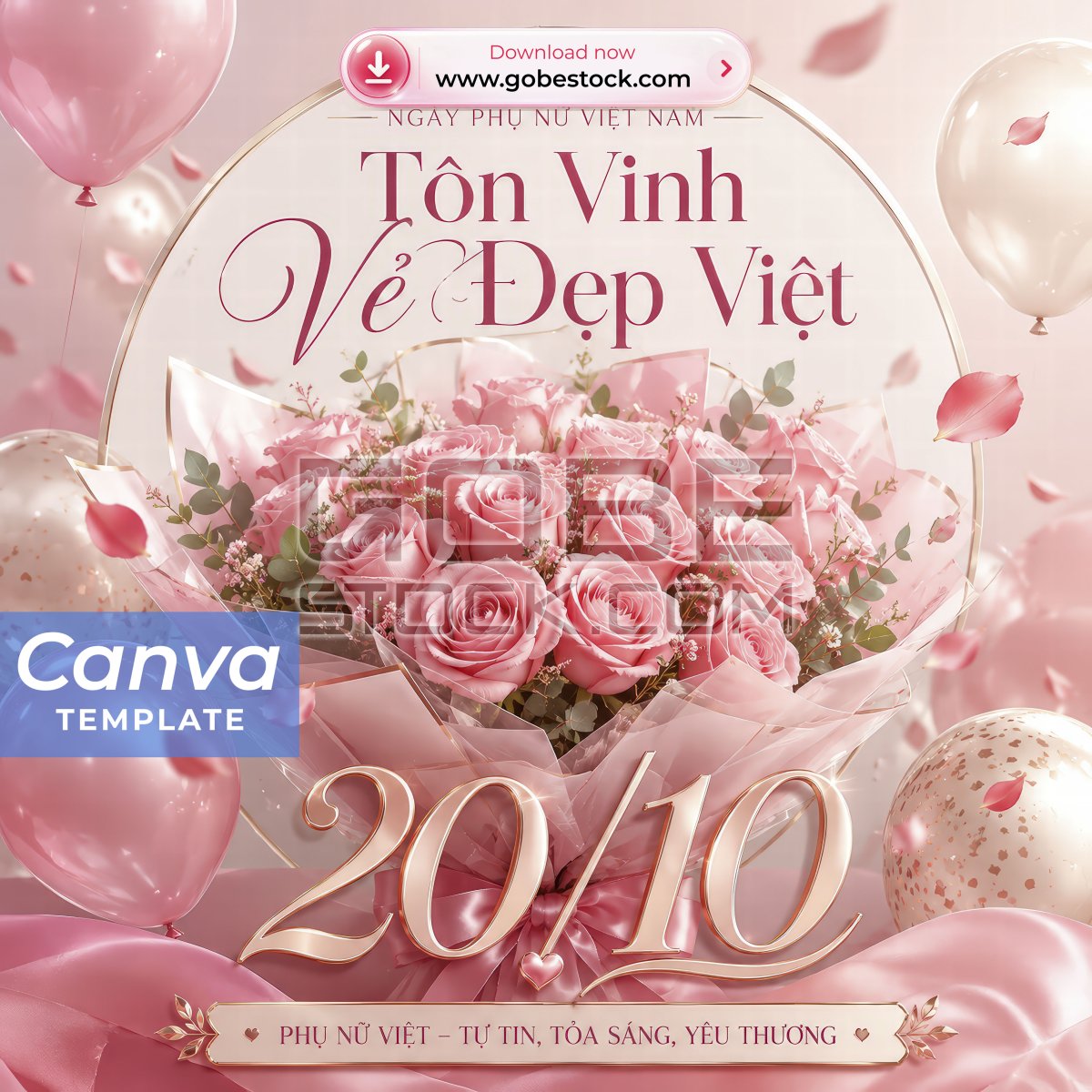 Vietnamese Womens Day Pink Rose Bouquet Balloons Poster