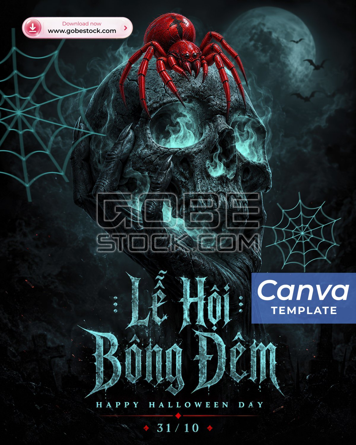 Halloween Blue Flame Skull Moon Poster