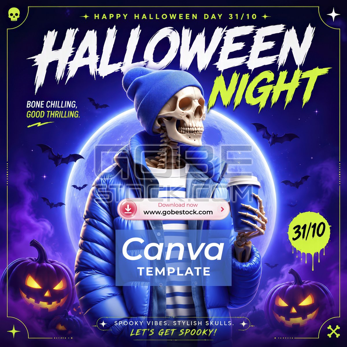 Halloween Blue Jacket Skeleton Moon Poster